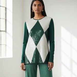 Tory Burch Lantilly Tunic green & white sequence top size 6